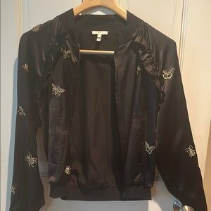 Joie Black Bomber Jacket with Gold Bee Embroidery